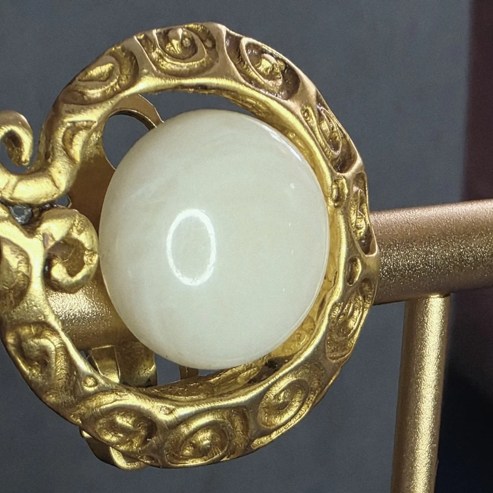 Vintage Givenchy Clip-On Earrings Gold Tone White Cabochon 770 - Picture 8 of 11